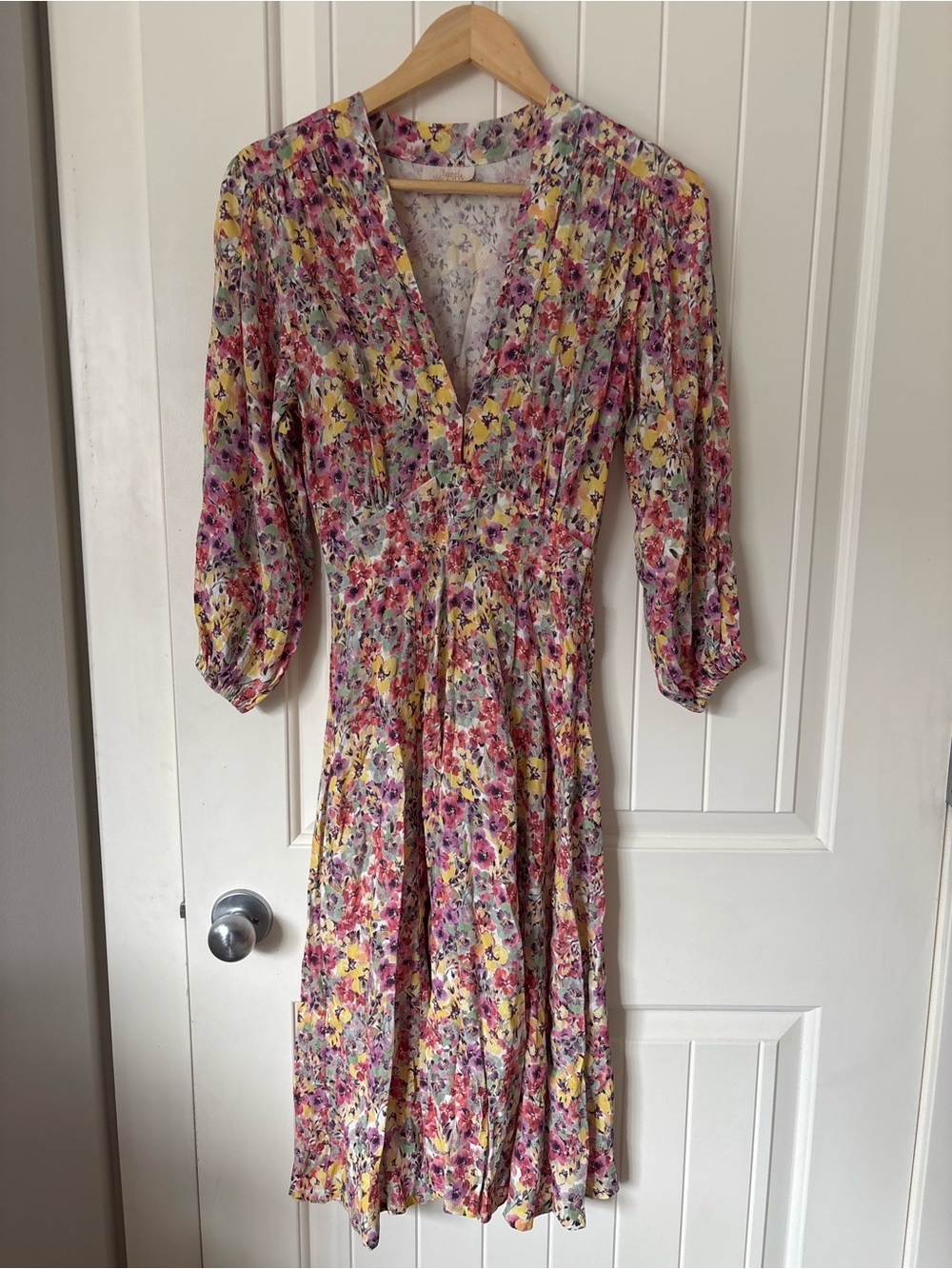 Hazel & Folk Floral Mini Dress XS | Cottagecore Puff Sleeve V-Neck Fit & Flare